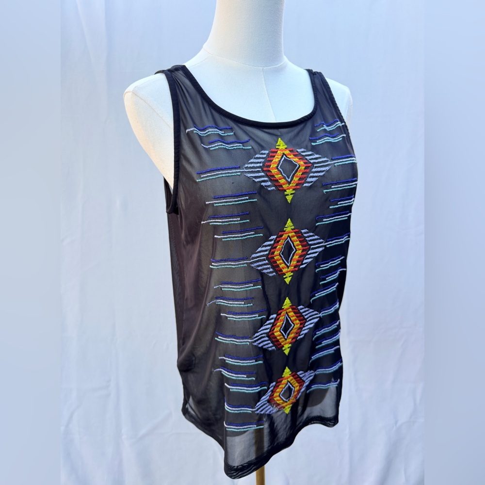 Weavers Black Sheer Tank‎ Top with Colorful Embroidery